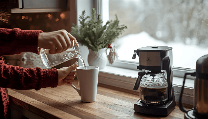 Person pouring water into a mug in a cozy winter kitchen with snow outside and a coffee maker on the counter.