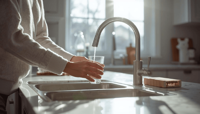 Homeowner filling a glass with clean filtered water at a kitchen sink during winter in Western New York