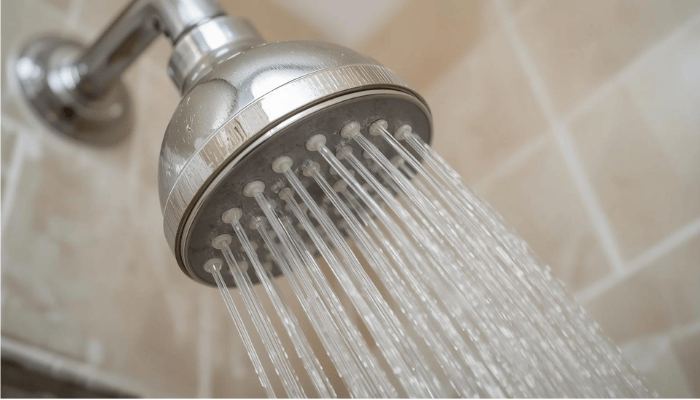 Close-up photo of a chrome shower head with visible white mineral buildup around the spray holes, showing uneven water spray and scale deposits against a tiled bathroom wall.